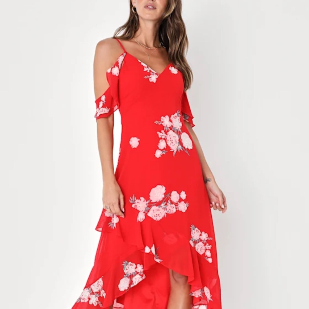 Lulu's Love in Bloom red floral print off-the-shoulder high-low dress. 